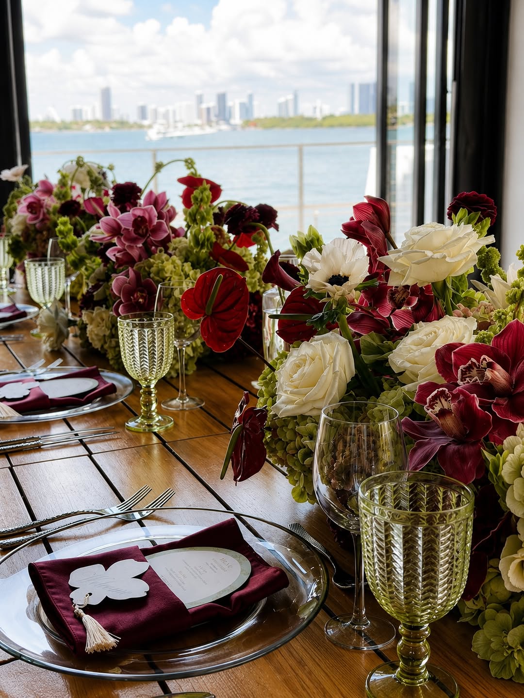 Burgundy and green bridal shower with green goblets